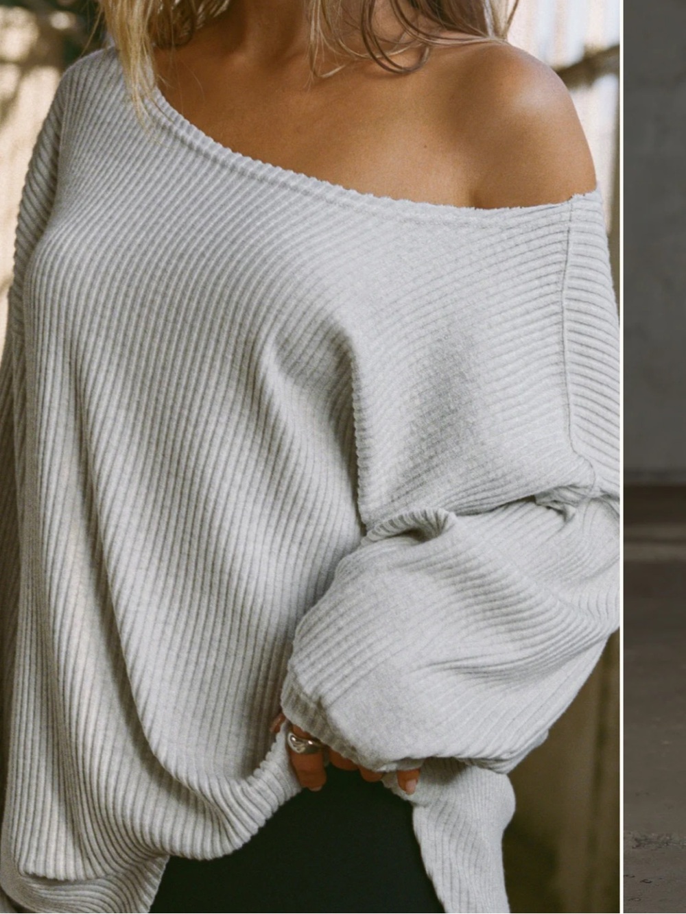 Joah Brown Off Shoulder Tunic rib knit pearl grey luxe knit long sleeve shirt - Picture 2 of 8